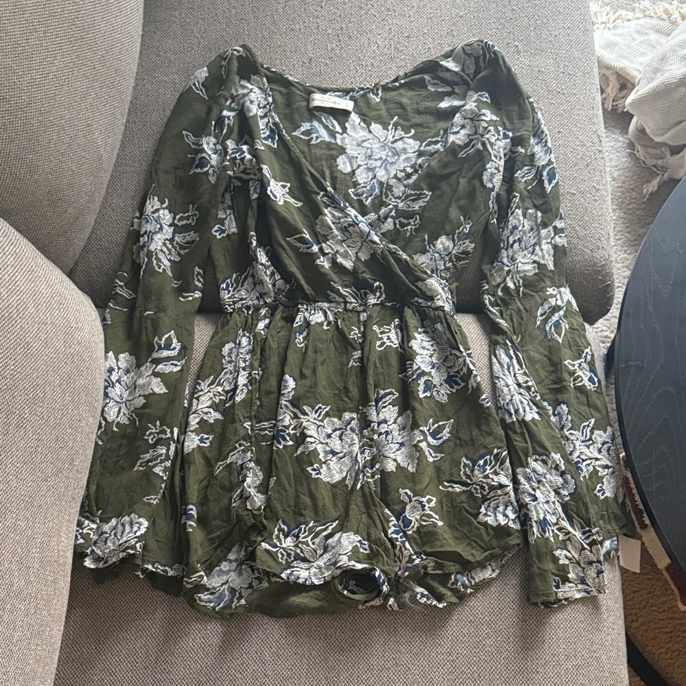 Olive Green Floral Wrap Long-Sleeve Women's Romper